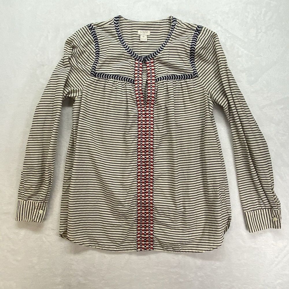 J Crew Embroidered Long Sleeve Blouse Womens XS Americana‎ Striped 100% Cotton